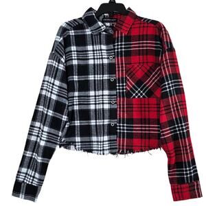 Streetwear Society Plaid Flannel Shirt Womens XL Cropped Patchwork Button Down